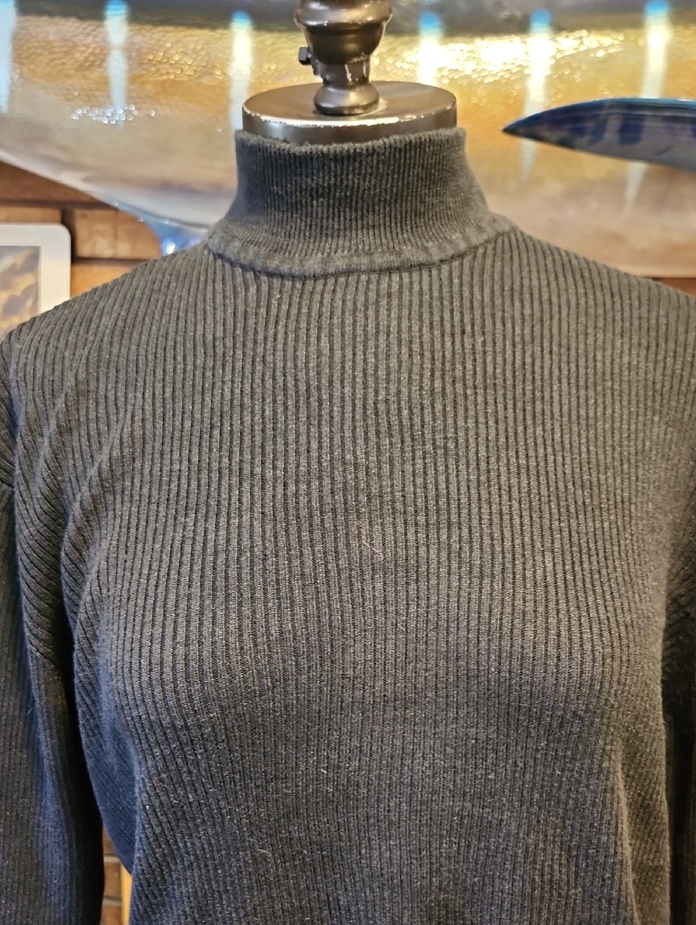 Perry Ellis Black Ribbed Mock Neck Sweater Size Large Silk Cotton Blend Classic